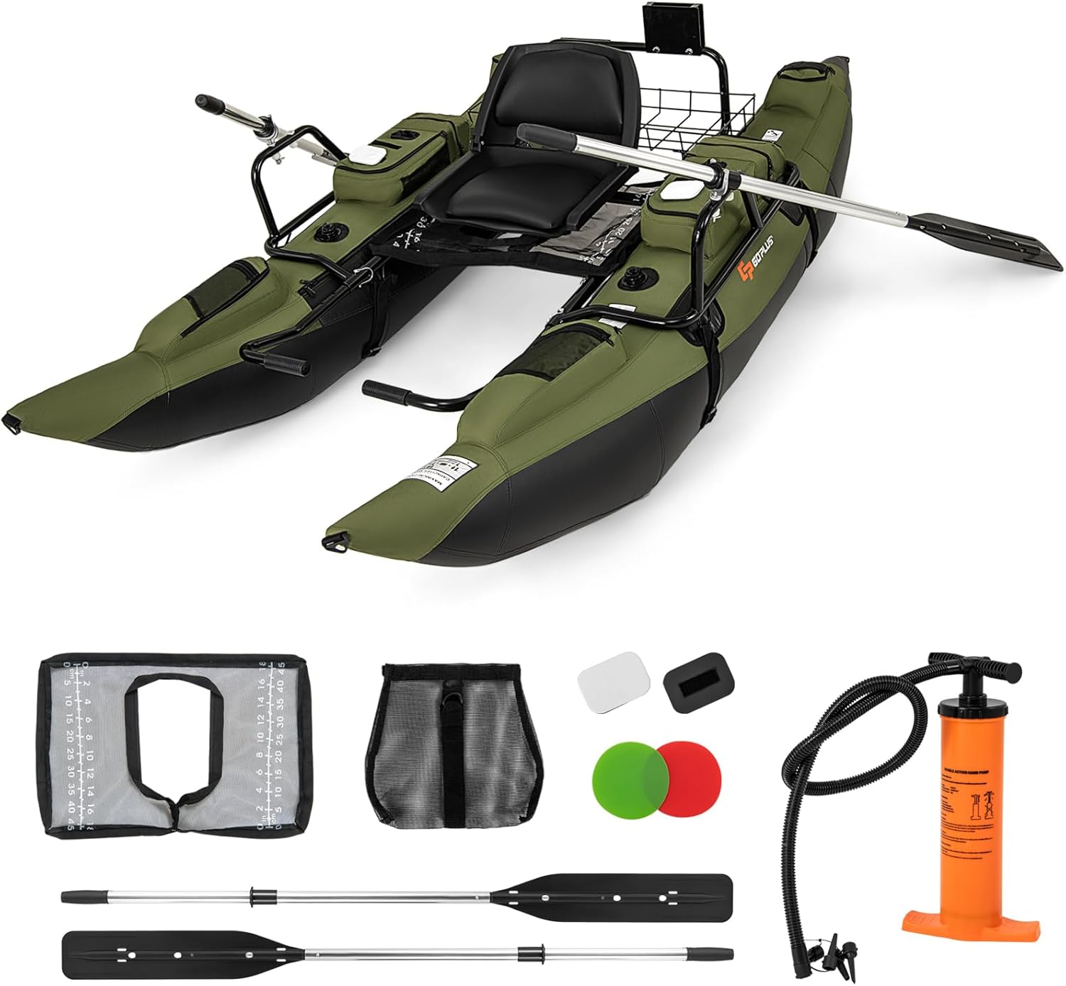 Fishing Boat Paddle - 大人用インフレータブルベリーボート、折りたたみ式パッド入りシート、調節可能なフットレスト、ポンプ、パドル、魚尺、収納バスケット、ポケット付き – 釣りやアングリング用の耐荷重400ポンド